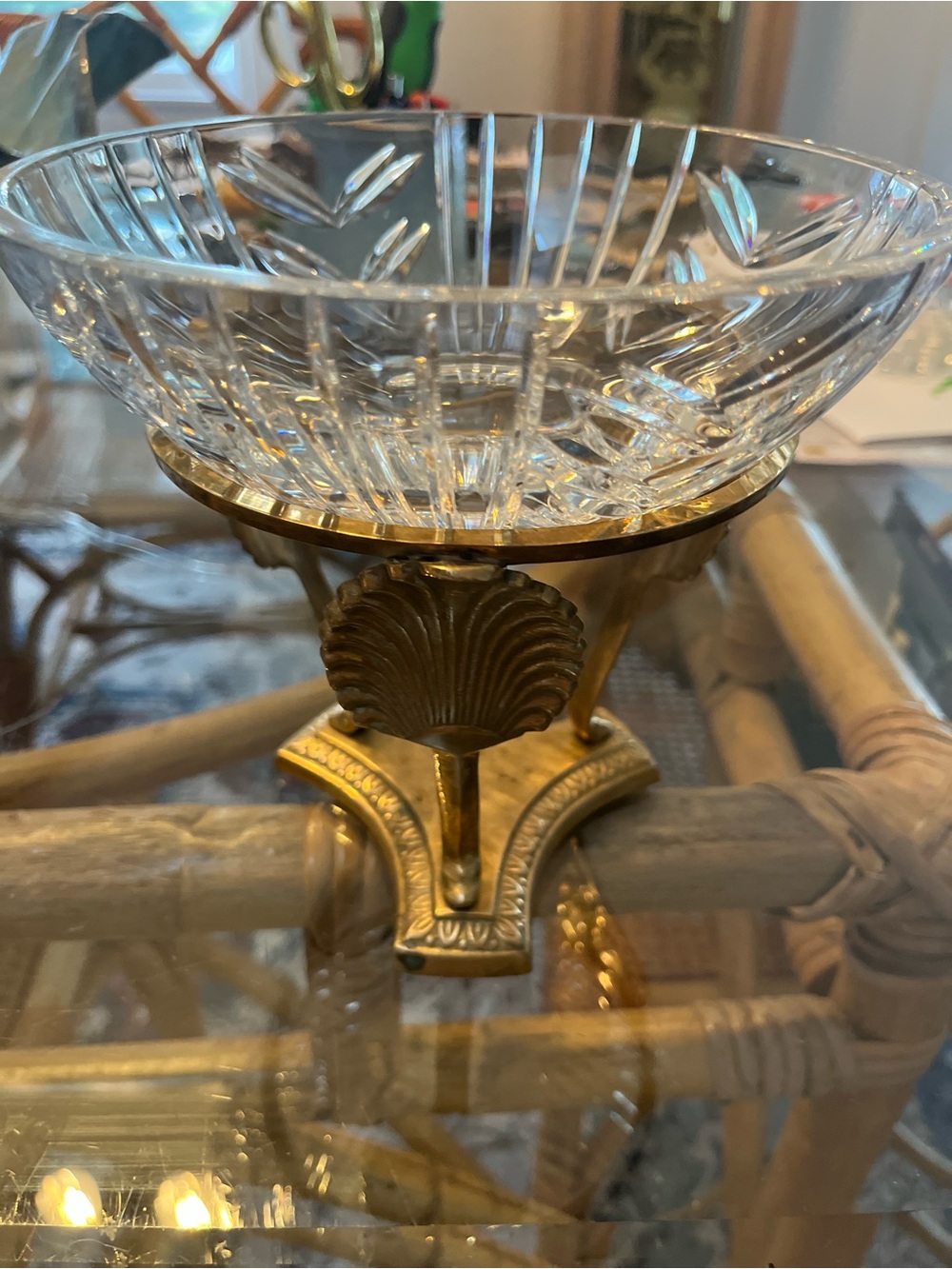 Crystal Bowl with Ornate Solid Brass 3 Scalloped Shell Motifs